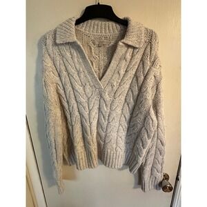LOFT Chunky Cable Fisherman Knit Sweater Collared V-Neck Woman's  Size L
